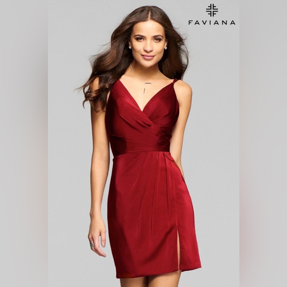 Faviana - 7850 Short Satin V-Neck Cocktail Dress